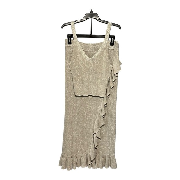 House of Harlow 1960 Revolve Beige Metallic Knit Set Ruffle Maxi Skirt VNeck Top - Picture 1 of 9